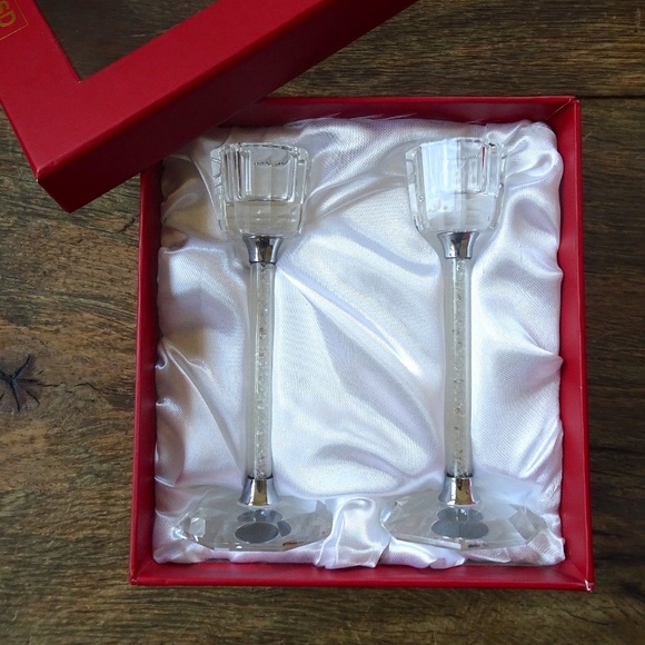 New in Box Set of 2 Simon Design Clear Crystal Diamond Stem Candlestick Holders - Picture 2 of 11